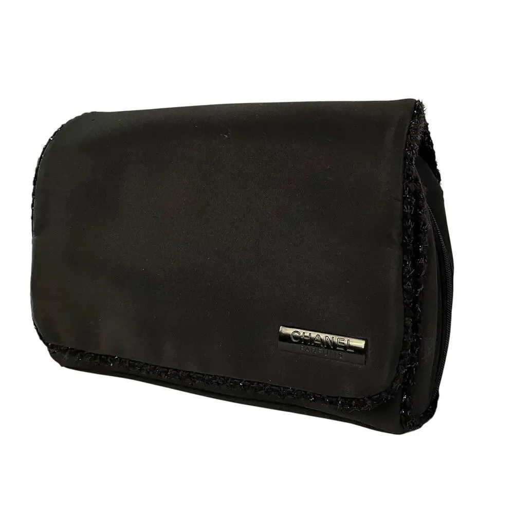 Chanel Parfums Black Satin Faux Tweed Travel Toiletry Bag Makeup Pouch